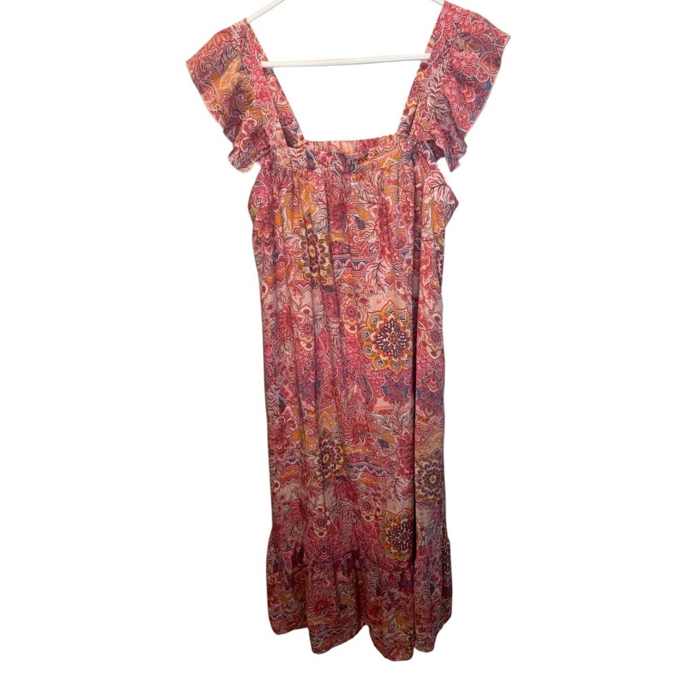 Indigo Rose Womens Pink Paisley Ruffle Sleeve Midi Dress L Boho Peasant Cottage